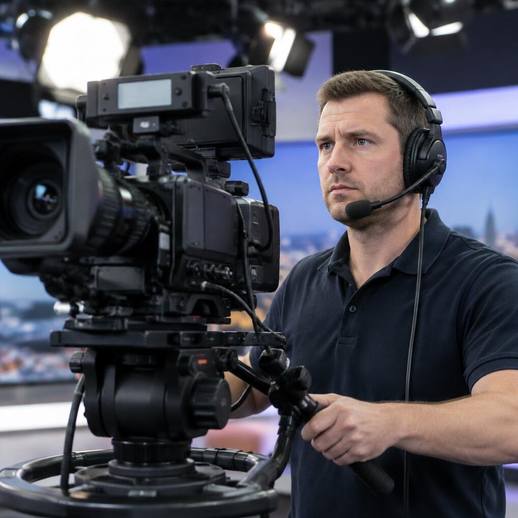 British camera operator adjusting a professional broadcast camera on a studio set