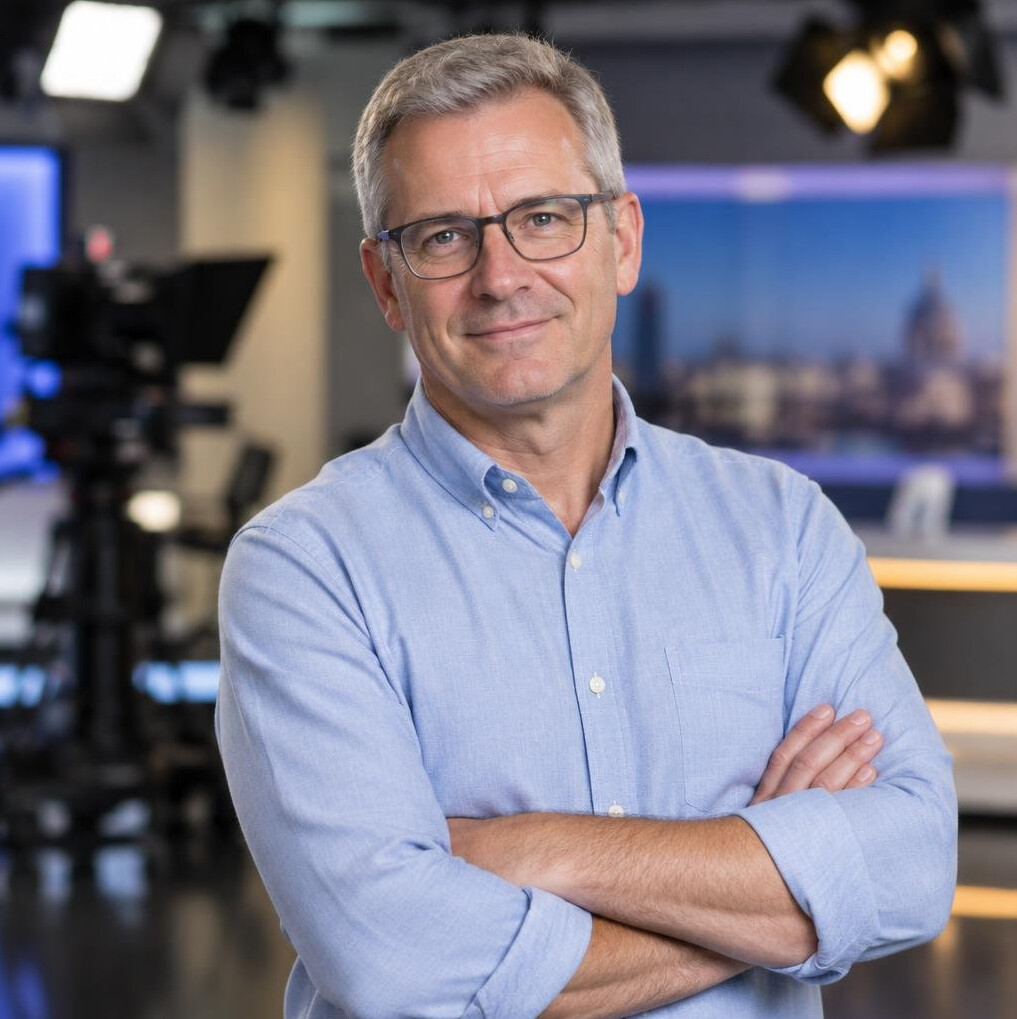 Portrait of a senior British broadcast engineer in a television studio