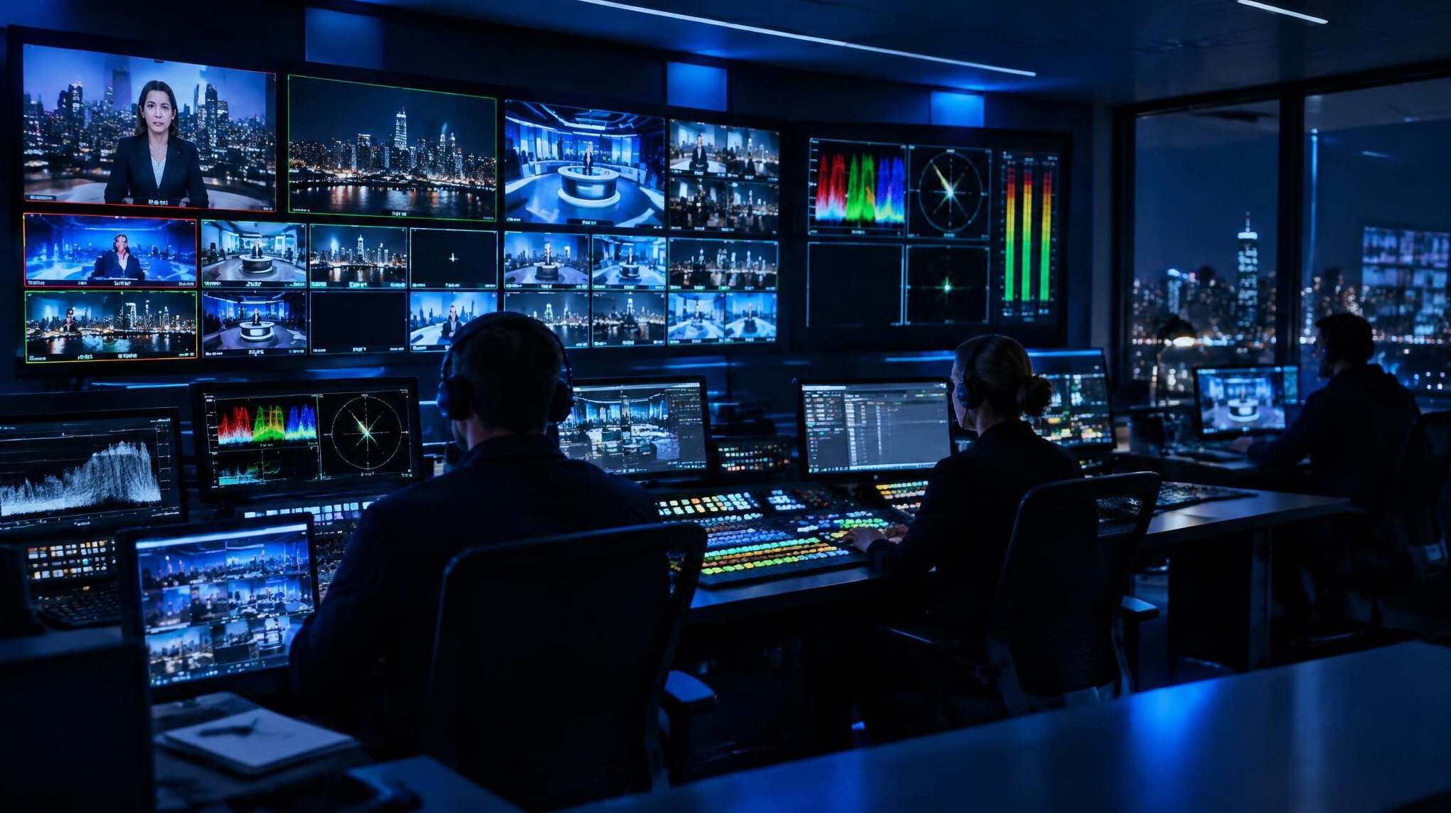 Broadcast control room with multiple monitors and live camera feeds