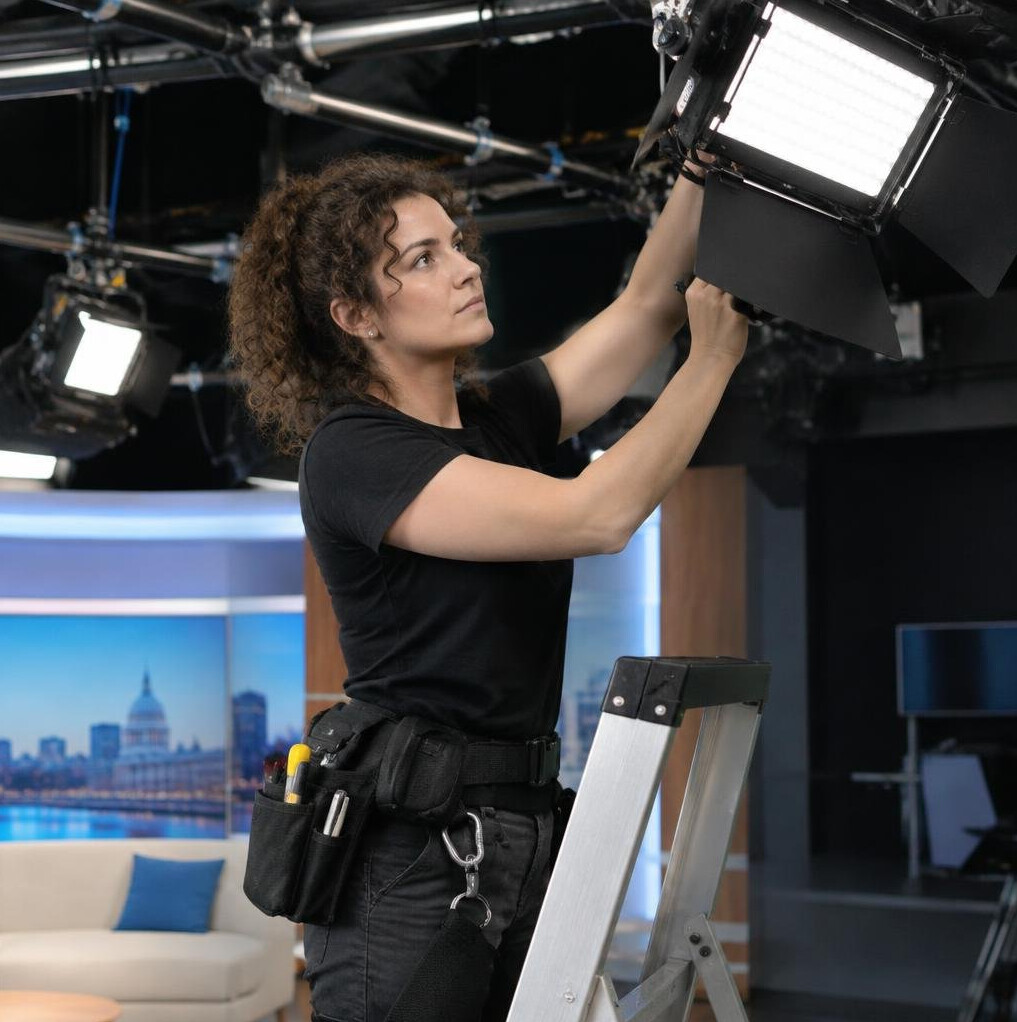 British lighting technician adjusting studio lighting rig