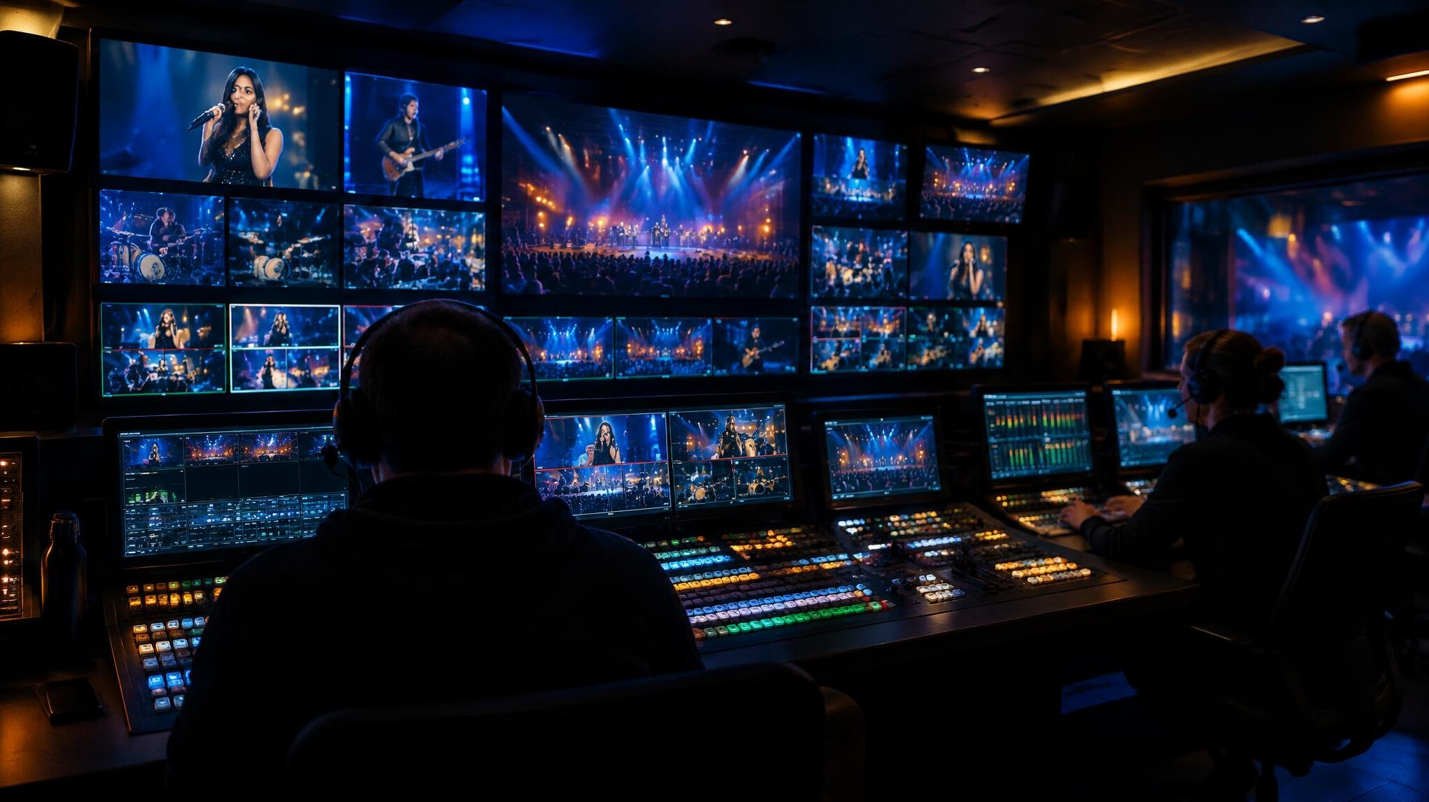 Dark television control room with glowing monitor walls