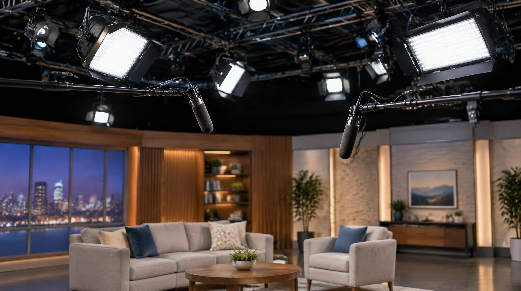 Combined lighting rig and sound equipment set up in a television studio