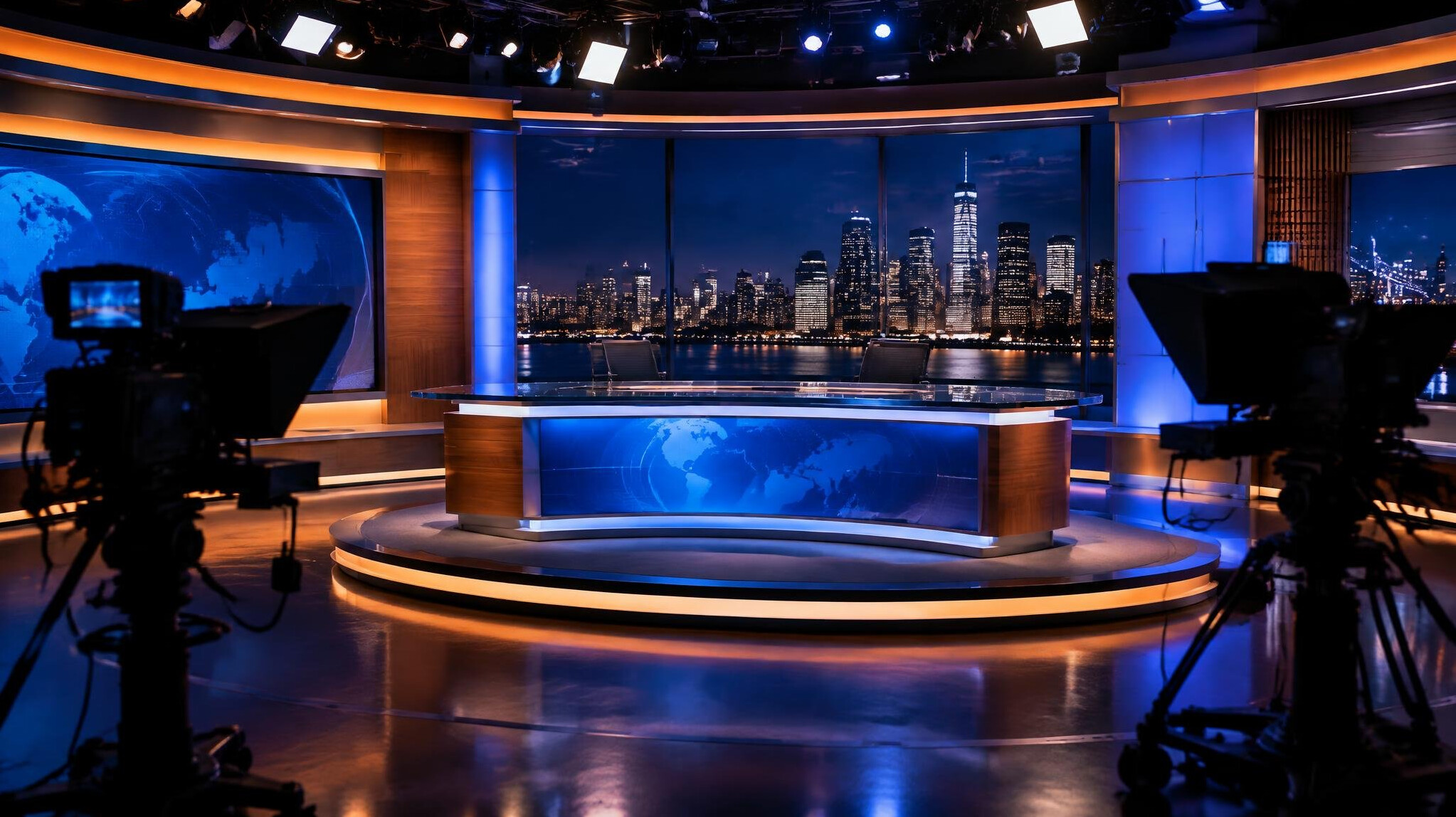 Empty television news studio glowing at night with set lights on