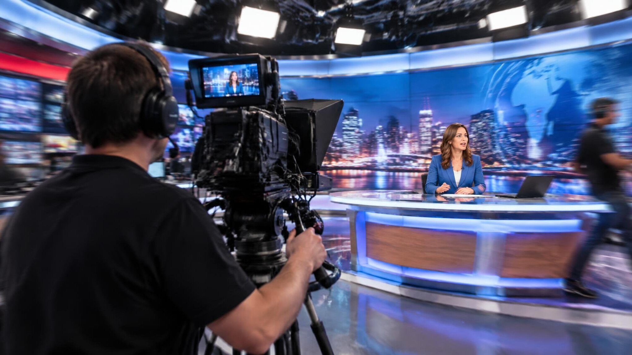 Camera operator filming a live television broadcast in a studio