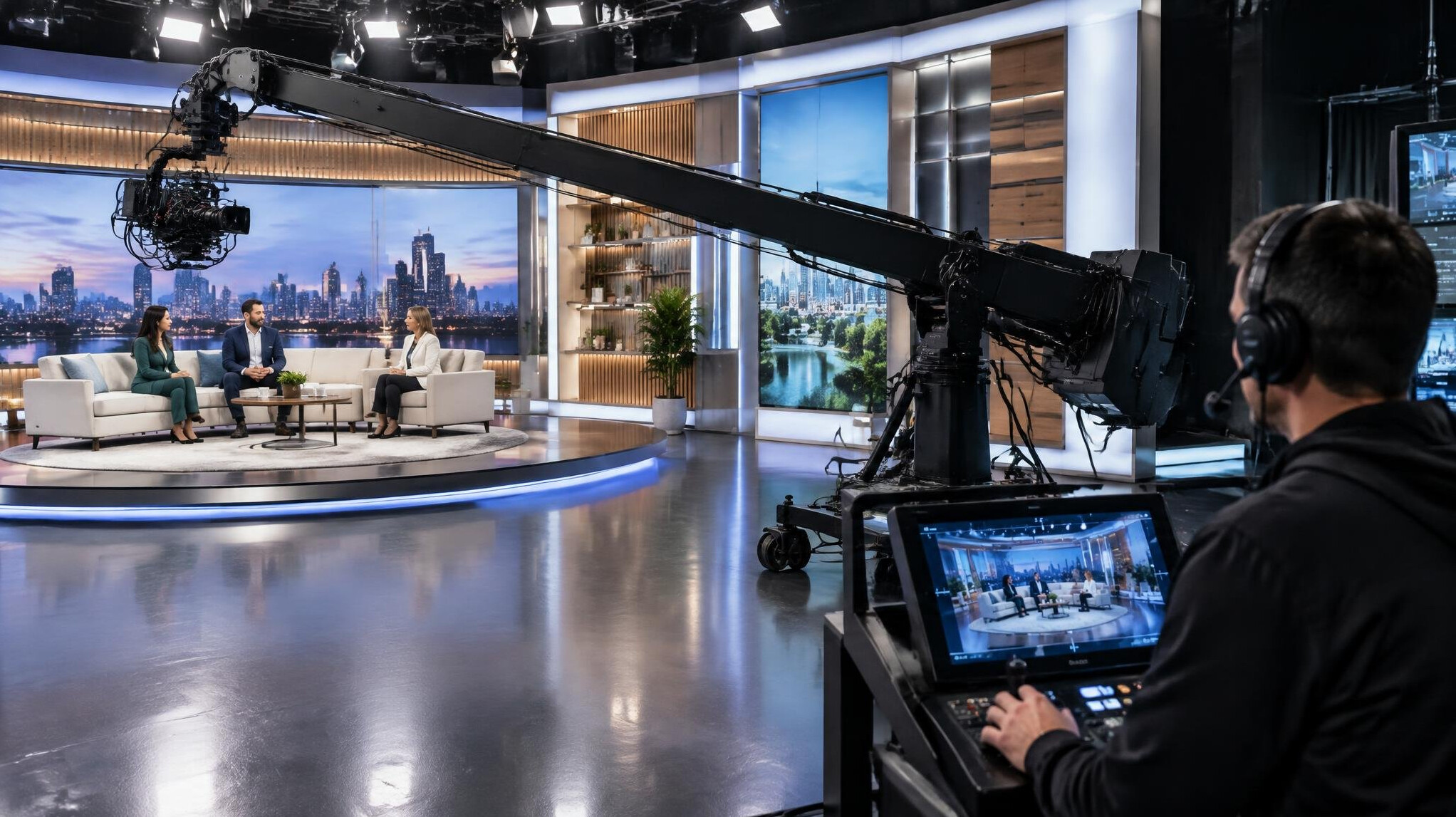 Camera operator using a robotic camera crane in a television studio