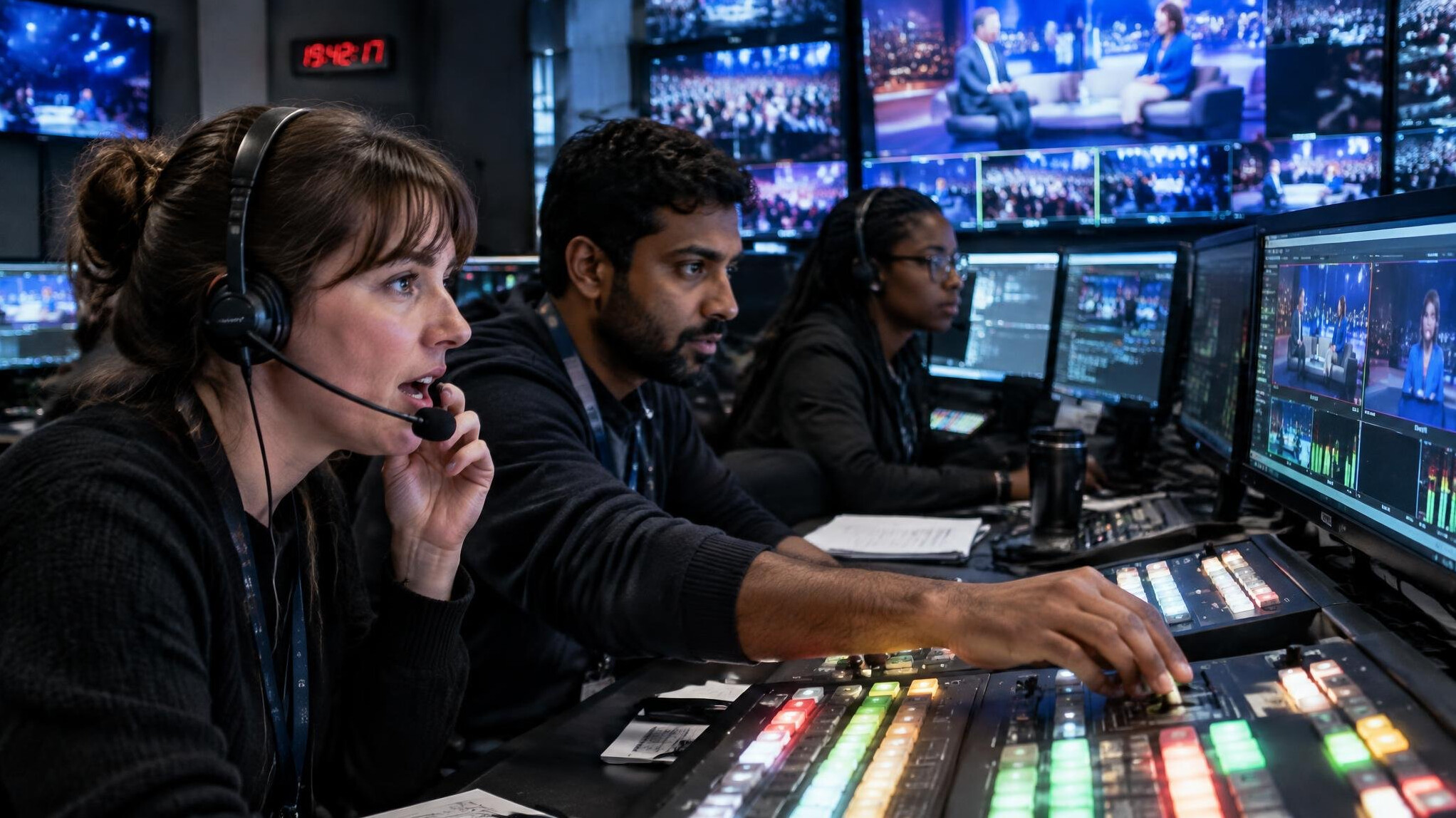 Production team collaborating in a busy broadcast control room during a live show